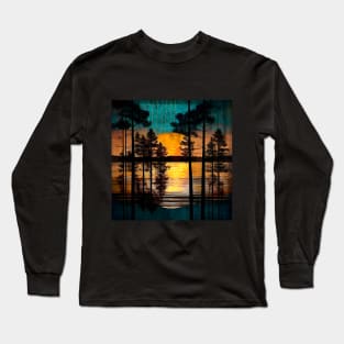 Golden Sunset Horizon Trees Silhouettes Serene Teal Lake Reflections Long Sleeve T-Shirt